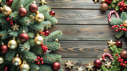 Christmas wood background of pine branches adorned with ornaments, berries, and stars on a rustic wooden background.