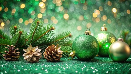Obraz premium Christmas decorations background and green ornaments, pine cones, and evergreen branches on a sparkling green background.