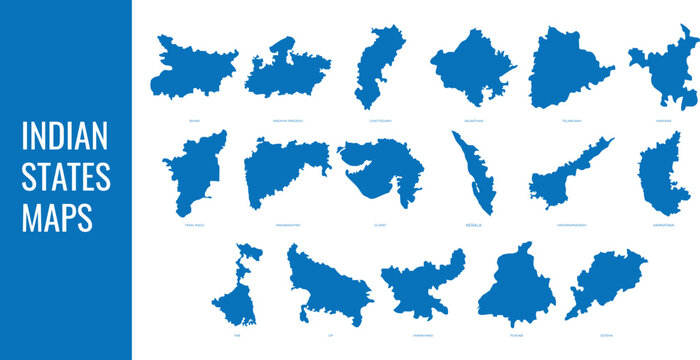 Indian State Maps Flat Vector Illustration | Blue Silhouette with State Names Including Maharashtra, Gujarat, Kerala, Tamil Nadu, and More
