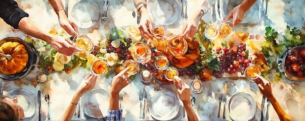 Thanksgiving toast, glasses raised, joyful family dinner, festive table, Watercolor style