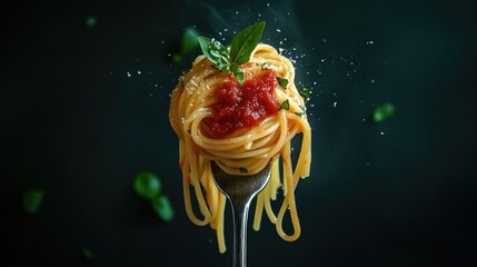 Pasta on a serving utensil adorned with marinara sauce and fresh herbs against a dark background ideal for culinary inspiration or food related content