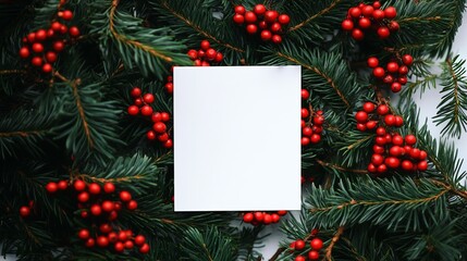 A blank white card surrounded by vibrant red berries and evergreen branches, creating a festive holiday atmosphere.