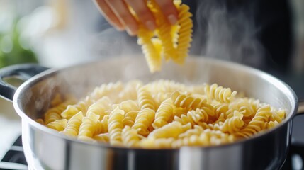 Preparing pasta at home for a meal by adding fusilli to a saucepan