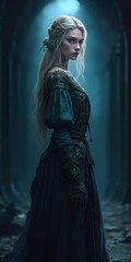 A fierce young woman with blonde hair and blue eyes stands sword-ready amid a dark mystical forest with falling snow and magical light.