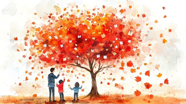 Thanksgiving tree of gratitude, family adding notes, festive setting, Watercolor style