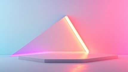 Dynamic 3D mock up stage featuring a triangular shape and flowing lines in gradient colors creating an artwork that combines minimalism with an abstract background