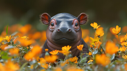 A cute baby hippo sits among vibrant yellow flowers, showcasing its adorable face in a serene natural environment.