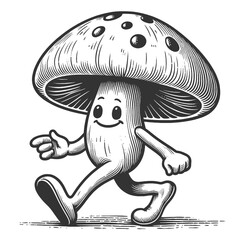 Obraz premium smiling cartoon mushroom character walking with a cheerful expression, embodying fun and positivity sketch engraving generative ai vector illustration. Scratch board imitation. Black and white image.