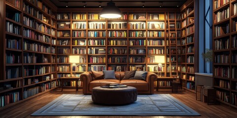 A detailed 3D rendering of a home library, showcasing cozy reading spaces and bookshelves, emphasizing the love for literature, on a soft color background