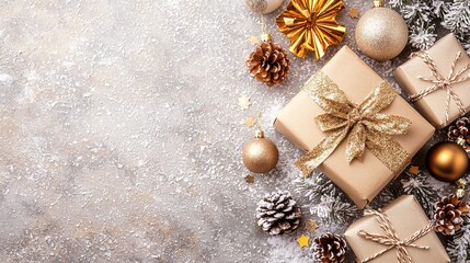 Fototapeta premium Merry Christmas and New Year. Christmas design. Fir branches, shiny gold balls, confetti and baubles. Christmas background. Festive composition