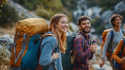 Diverse Friends Embarking on Backpacking Adventure, Capturing Candid Moments of Cultural Connection and Travel