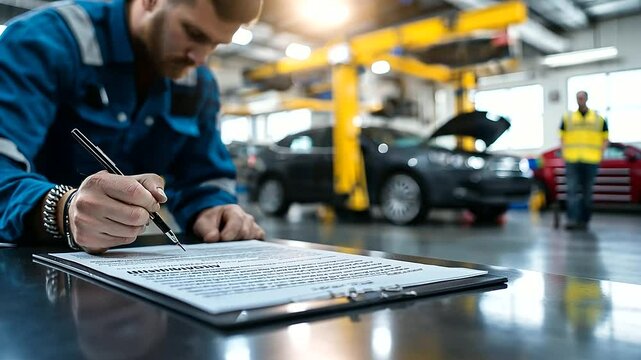 The crisp, clear text of an insurance policy document is sharply in focus, with a mechanic working on a car in the blurred background, emphasizing the importance of being insured during repairs