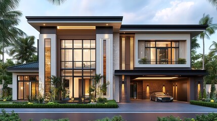 Fototapeta premium Modern Luxury Home with a Car in the Garage