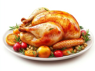 Golden roasted turkey with stuffing and vegetables, elegant Thanksgiving feast setup, realistic 3D illustration, isolated on white background