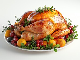 Roasted Thanksgiving turkey with golden skin, garnished with herbs and fruits, detailed 3D render, isolated on white background