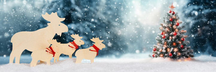 Christmas card with reindeers elks banner and copyspace copy space