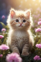 Charming Friendly Fluffy Kitten Cozy Sitting in a Flower Field Under Beautiful Lighting