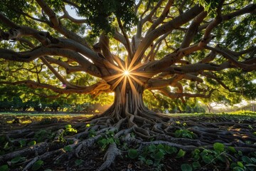 A large tree with a sun shining through its roots