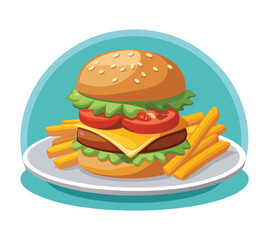 Illustrate a plate with a juicy cheeseburger and crispy golden fries. The burger should have layers of cheese, lettuce, tomatoes, and pickles, with a sesame seed bun. The fries should look crunchy