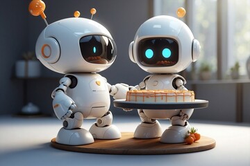 Fototapeta premium Cute Little Friendly Robot Chef Holding a Cake Ready for Party Delivery