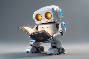 Fototapeta premium Cute Little Friendly White Robot Reading a Book in a Cozy Setting