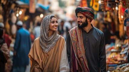Obraz premium A Multicultural Couple Embracing Diversity in Traditional Attire While Strolling Through a Lively Market in a Candid Moment
