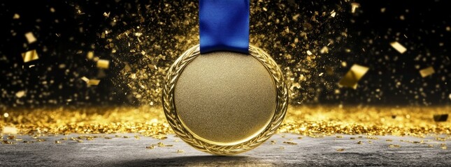 In a panoramic backdrop, a gold medal with a blue ribbon is set against an explosion of colorful confetti and blue smoke