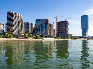 Europe, Serbia, Belgrade, the waterfront on the Sava with new residential complexes and nightlife....