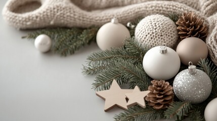 Festive christmas decorations featuring white and glittery baubles, pine cones, wooden stars, and a cozy knitted blanket, arranged with evergreen branches for a winter holiday theme.