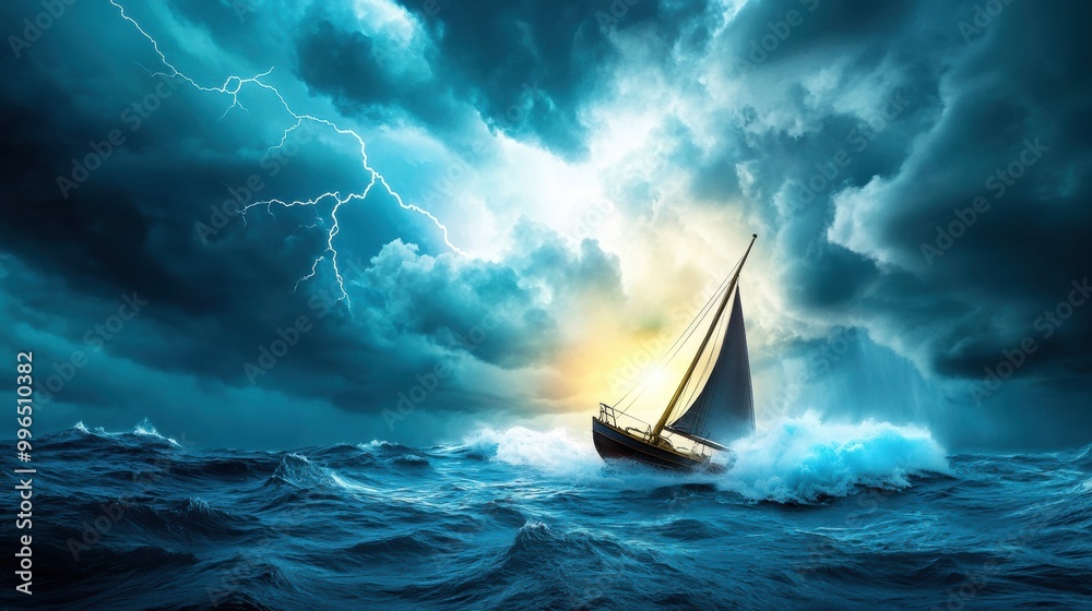 Sticker sailboat navigating stormy seas at dusk