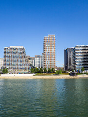 Fototapeta premium Europe, Serbia, Belgrade, the waterfront on the Sava with new residential complexes and nightlife. Upscale residential area for wealthy Belgraders