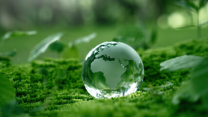 Crystal globe glass on green moss in forest to protect nature Save and care World for sustainable. concept of the environment ecology and Earth Day. eco environment and ESG concept.