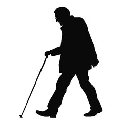 Elderly Man with Support Cane Silhouette Isolated on White – Vector Illustration