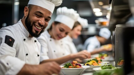 Diverse Team of Chefs Cooking Global Cuisine Together in Professional Kitchen, Culinary Teamwork Concept