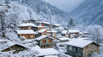 Snow-covered rooftops of a small village in the mountains
