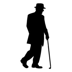 Elderly Person with Cane Walking Silhouette Isolated on White Background – Vector Illustration