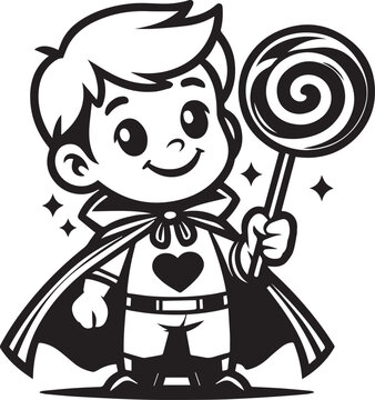 recommend clip art: A cheerful child dressed in a cape smiles while holding a lollipop vector illustration silhouette
