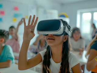 Teacher Conducting Virtual Classroom Session Using VR Headset to Engage Students in Interactive Virtual Environment
