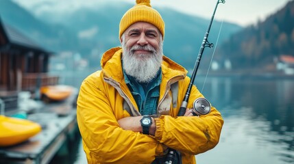 Fototapeta premium A cheerful fisherman in bright yellow gear stands by the serene lake, showcasing a passion for fishing and adventure.