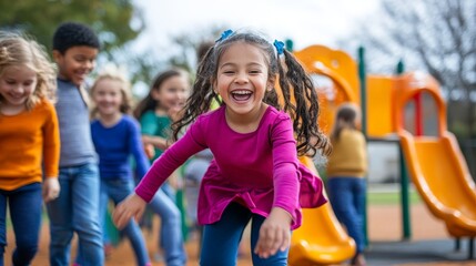 Happy Ethnically Diverse Children Playing Together in Playground, Expressing Joyful Energy