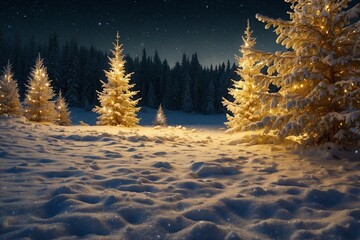 Winter Image of a Snowy Field with Christmas Trees Glowing in Gold Under a Night Sky