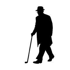 Senior Gentleman Using Cane Silhouette Isolated on White Background – Vector Illustration