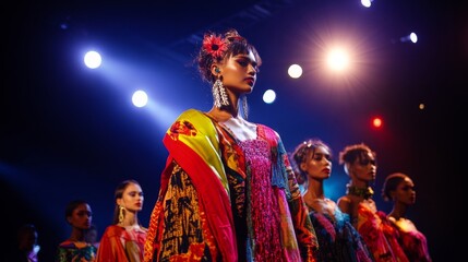 Vibrant Cultural Fashion Show Featuring Diverse Models Under Bright Stage Lights