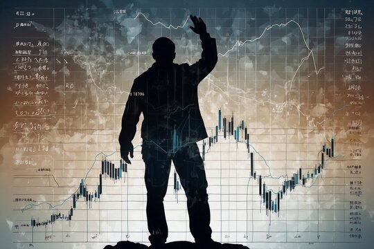 Silhouette of Man Standing on Mountain with Raised Arms Against Background of Stock Market Charts