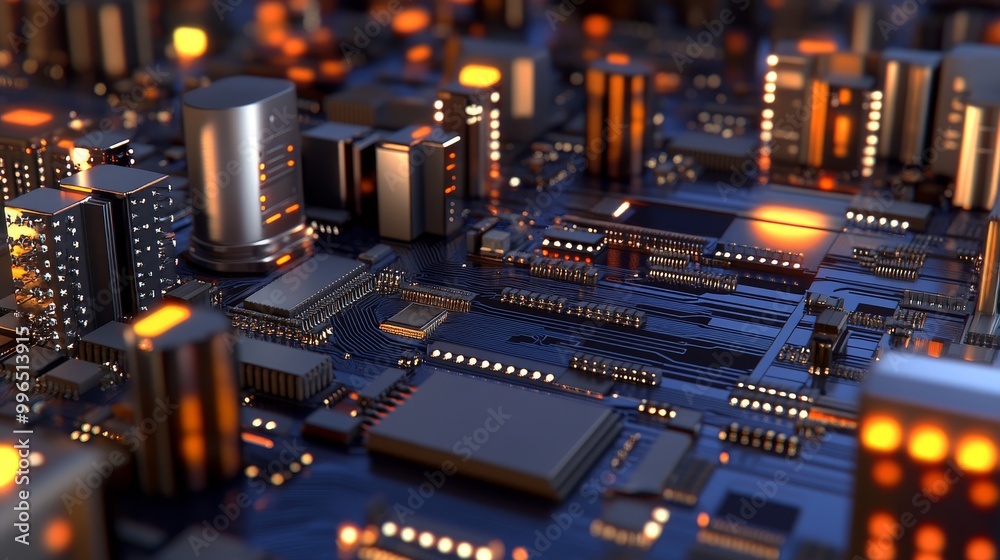 Poster in a modern factory, a circuit board close-up with microchips and electronic components is displayed
