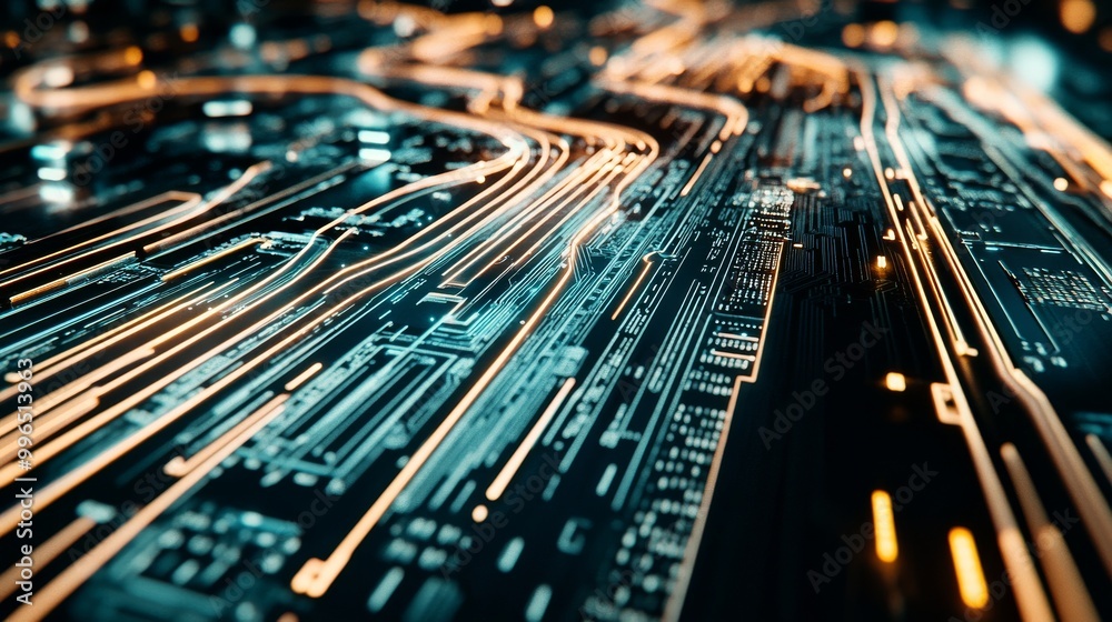 Poster close-up of a modern circuit board with microchips and electronic components. toned 3d rendering ima