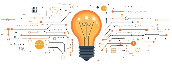 Light bulb with circuit lines, symbolizing business innovation and technology, vector flat design, isolated on white background