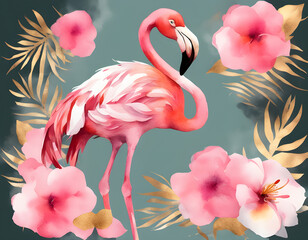 Pink flamingo creative watercolor gilded background