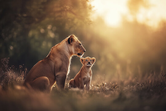 Mother lioness sits next to her baby lion.