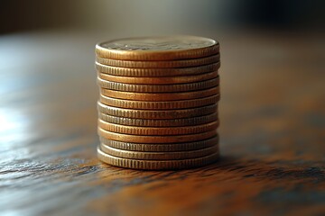 A stack of golden coins on a wooden surface